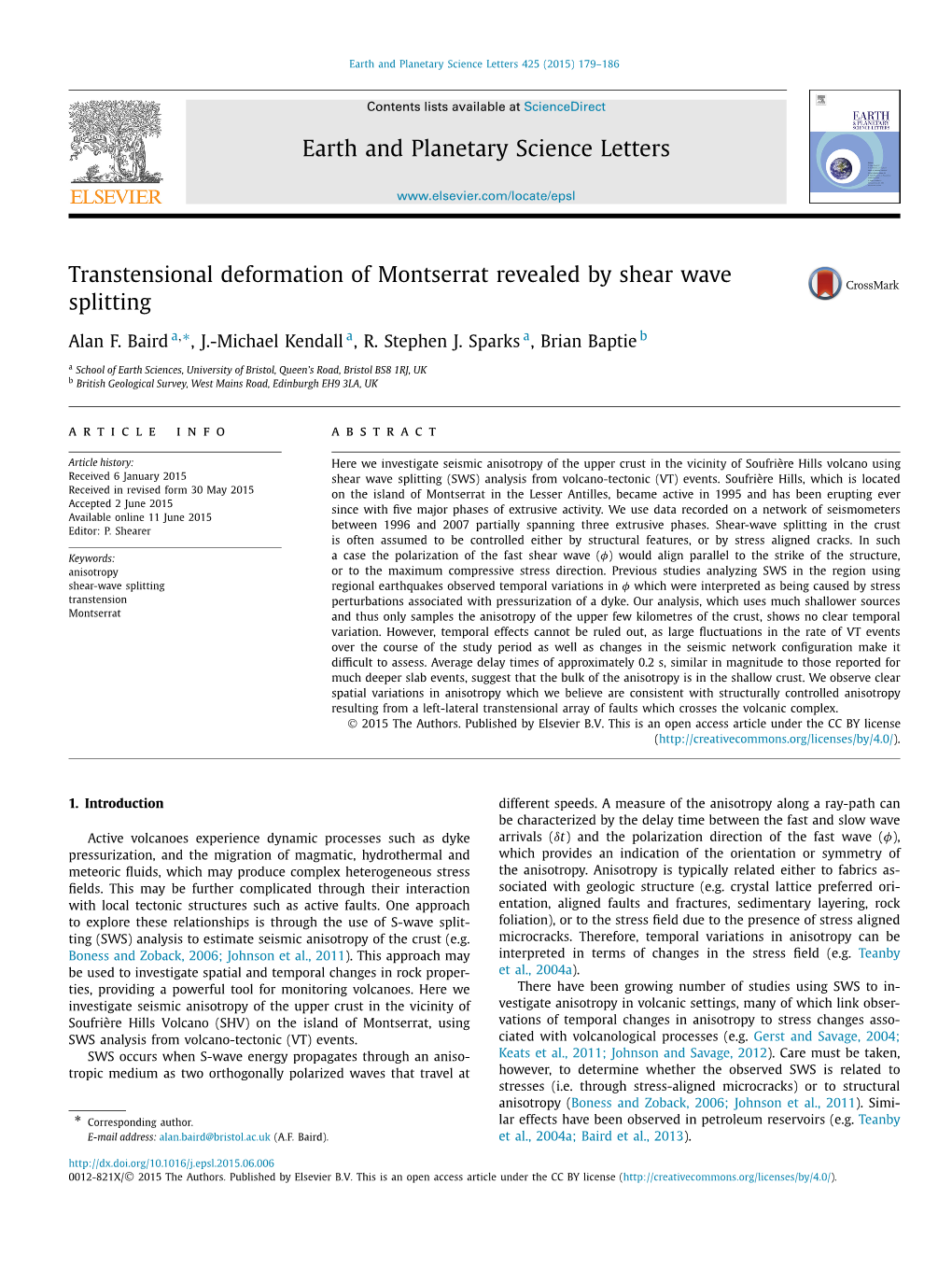 Transtensional Deformation of Montserrat Revealed by Shear Wave Splitting ∗ Alan F