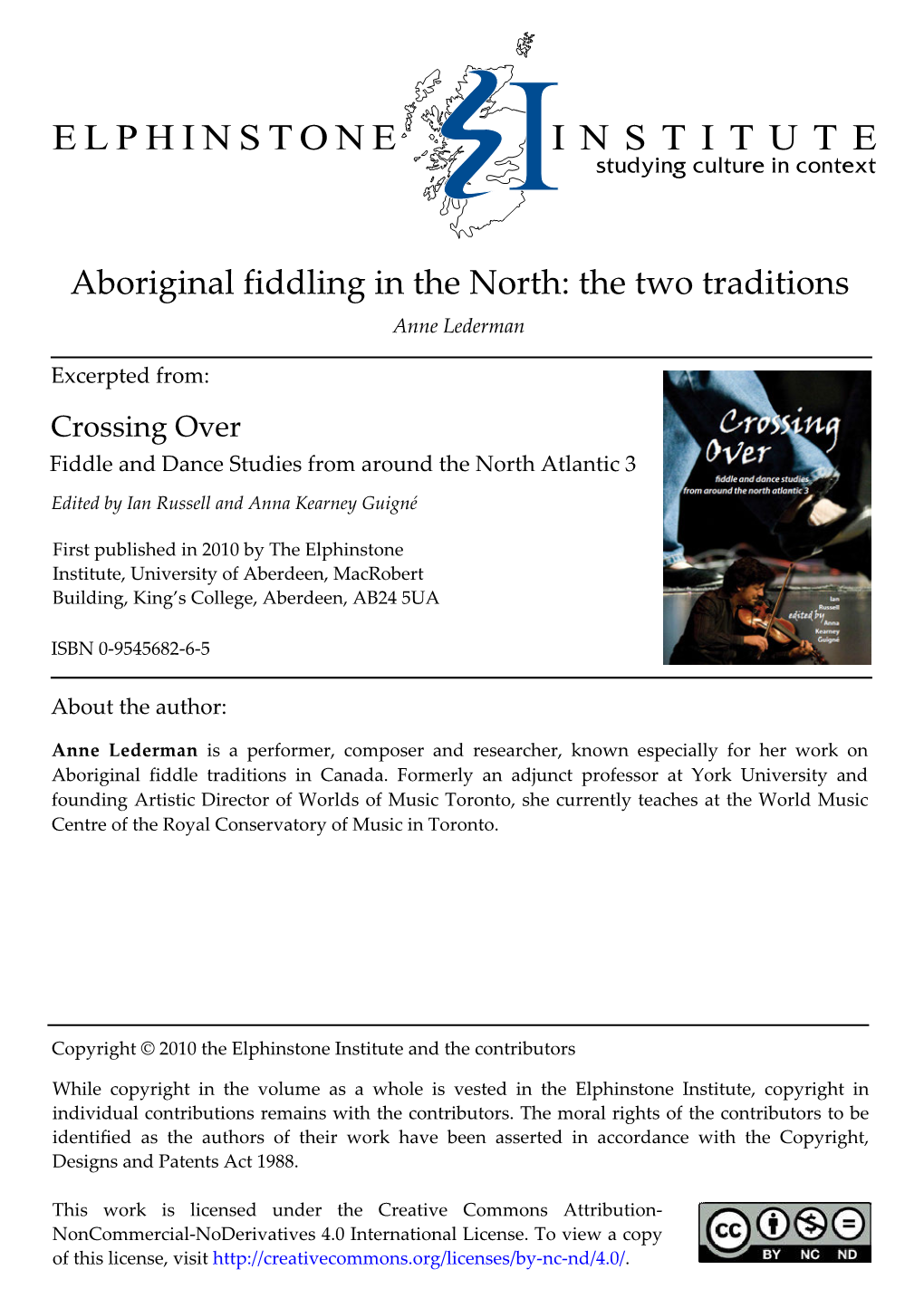 Aboriginal Fiddling in the North: the Two Traditions Anne Lederman