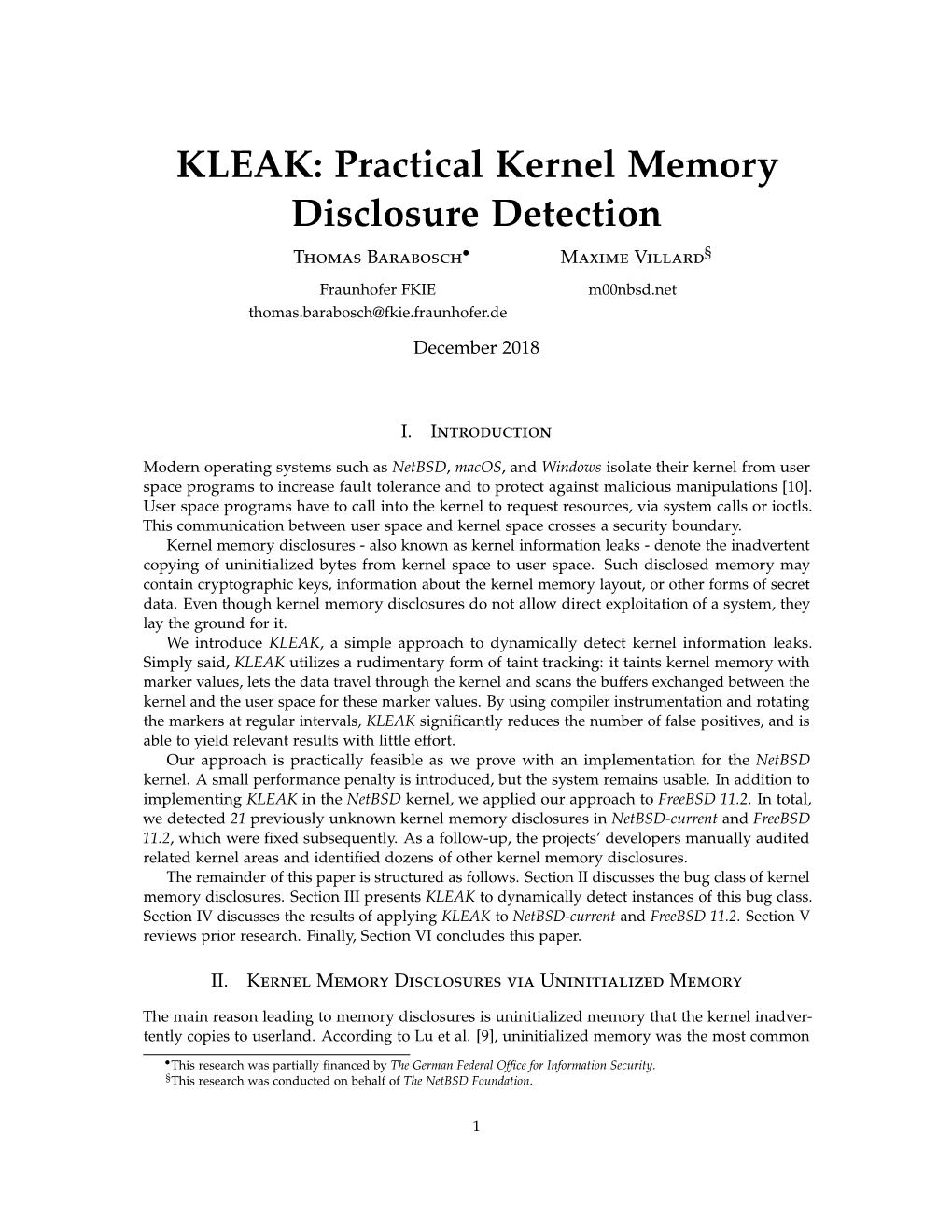 KLEAK: Practical Kernel Memory Disclosure Detection Thomas Barabosch• Maxime Villard§ Fraunhofer FKIE M00nbsd.Net Thomas.Barabosch@Fkie.Fraunhofer.De December 2018