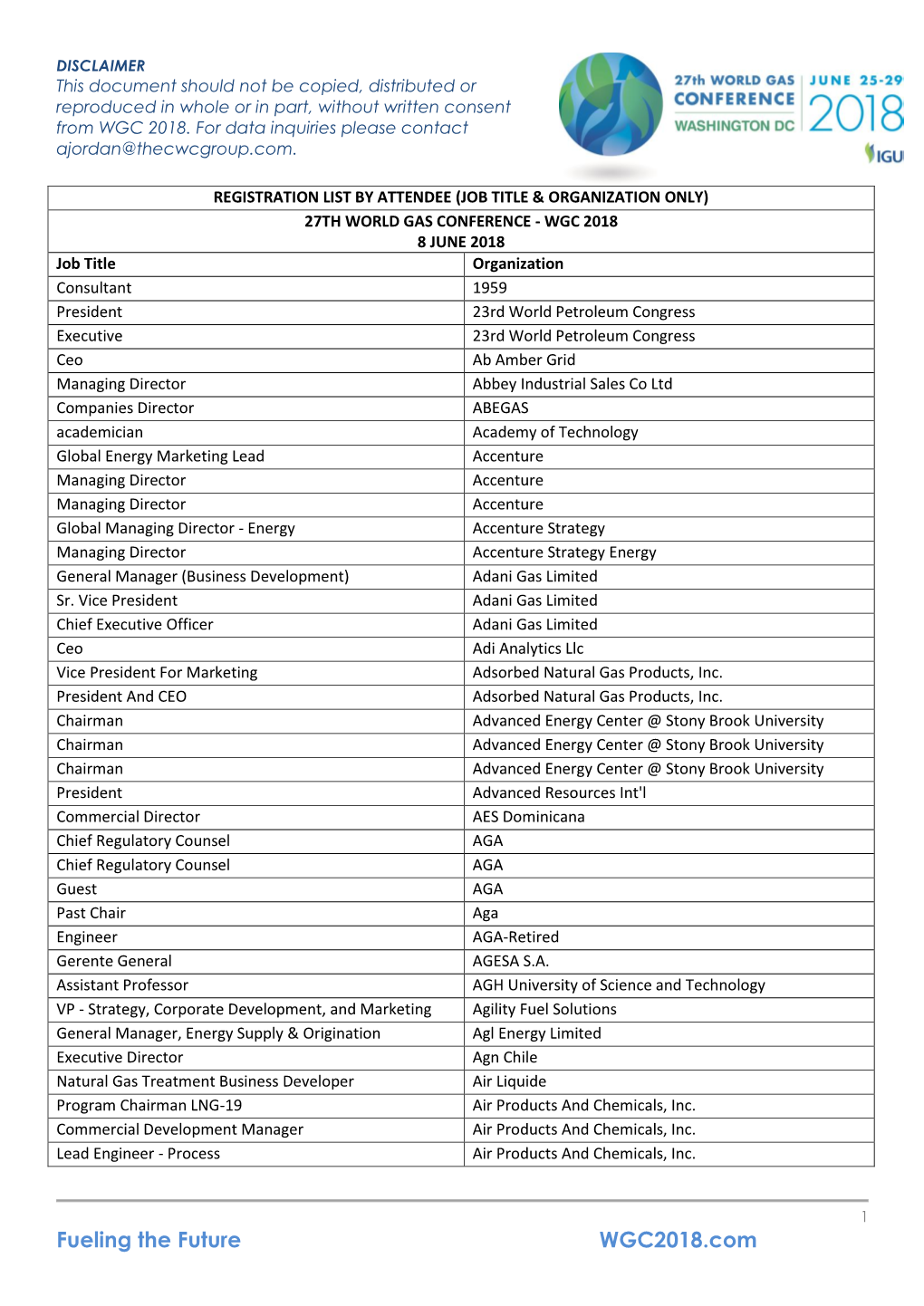 Fueling the Future WGC2018.Com DISCLAIMER This Document Should Not Be Copied, Distributed Or Reproduced in Whole Or in Part, Without Written Consent from WGC 2018