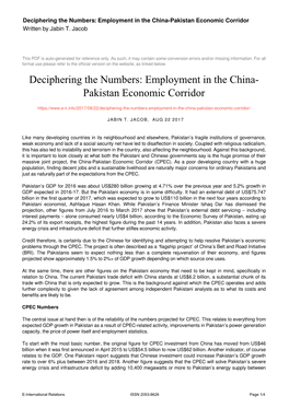 Employment in the China-Pakistan Economic Corridor Written by Jabin T