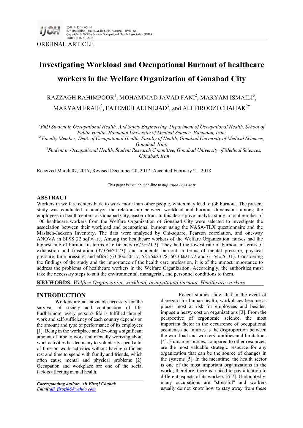 Investigating Workload and Occupational Burnout of Healthcare Workers in the Welfare Organization of Gonabad City