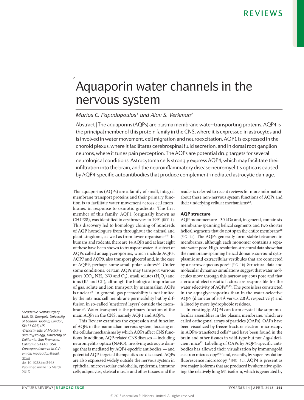 Aquaporin Water Channels in the Nervous System