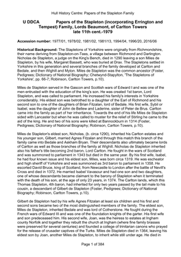 U DDCA Papers of the Stapleton (Incorporating Errington and Tempest) Family, Lords Beaumont, of Carlton Towers Late 11Th Cent.-1979