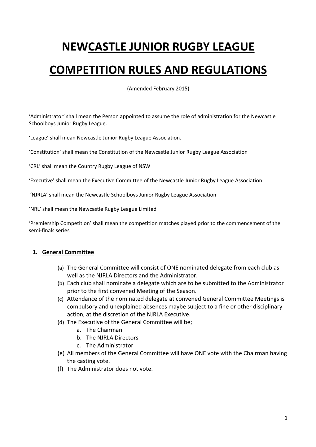 Newcastle Junior Rugby League Competition Rules and Regulations