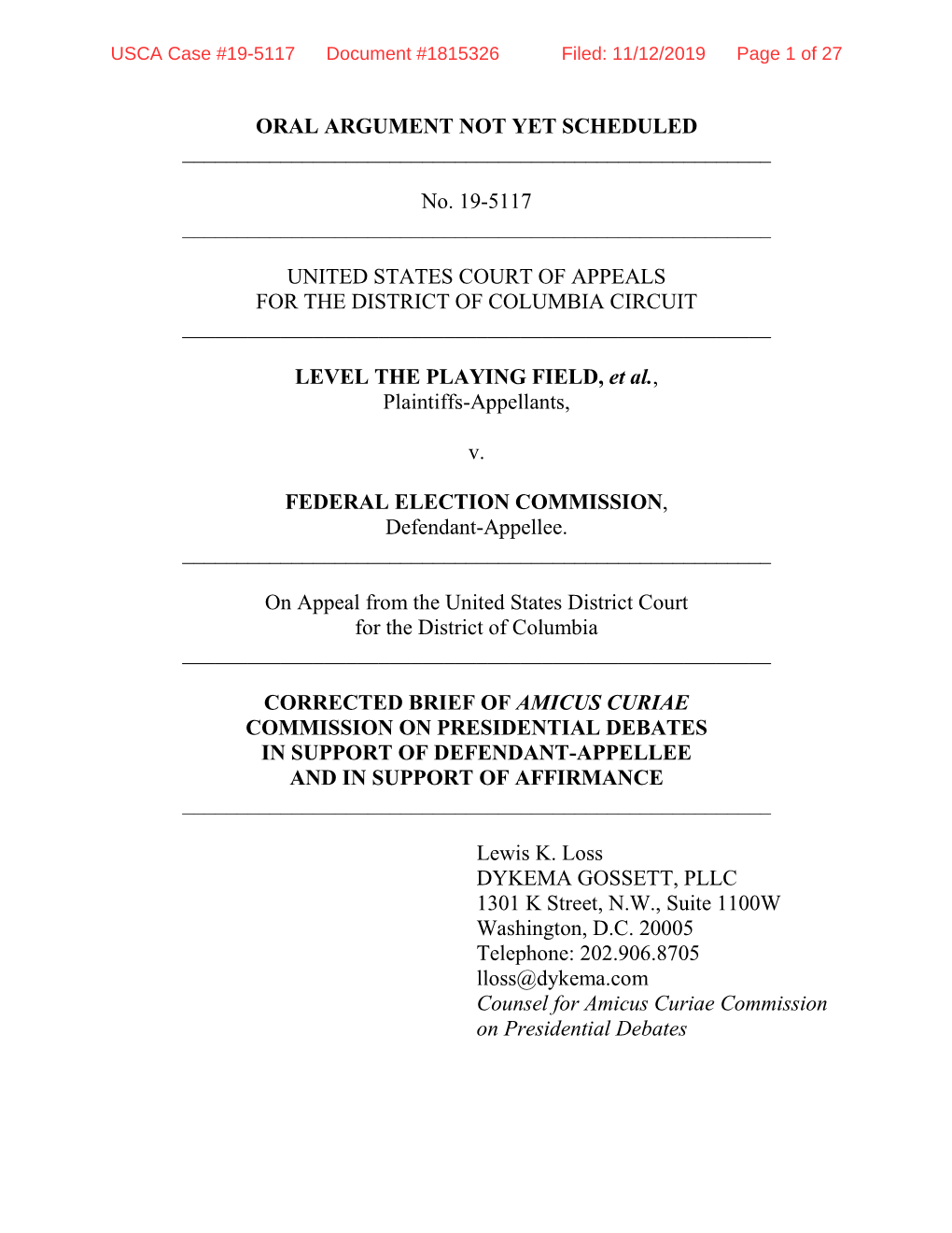 Corrected Brief of Amicus Curiae Commission on Presidential Debates in Support of Defendant-Appellee and in Support of Affirmance ______