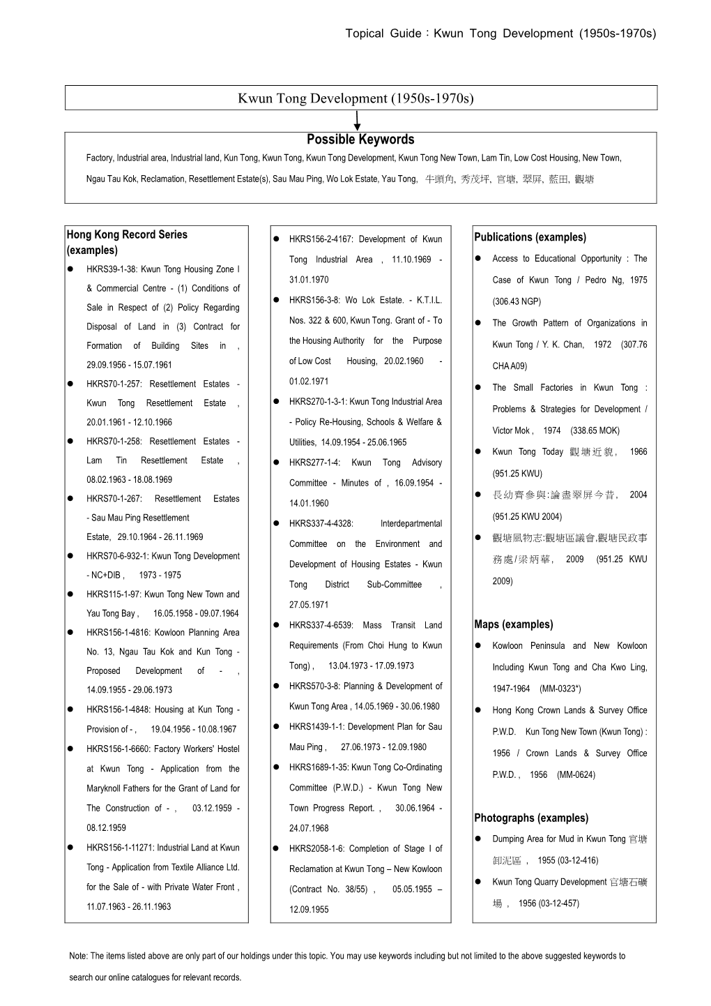 Kwun Tong Development (1950S-1970S) Possible Keywords