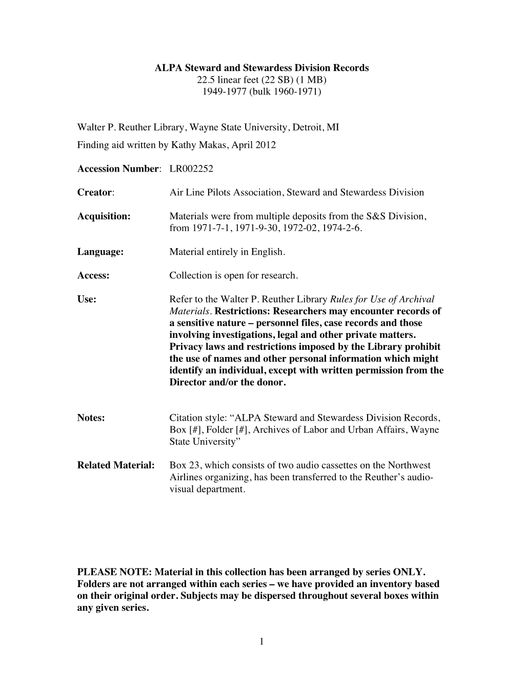 ALPA Steward and Stewardess Division Records 22.5 Linear Feet (22 SB) (1 MB) 1949-1977 (Bulk 1960-1971)