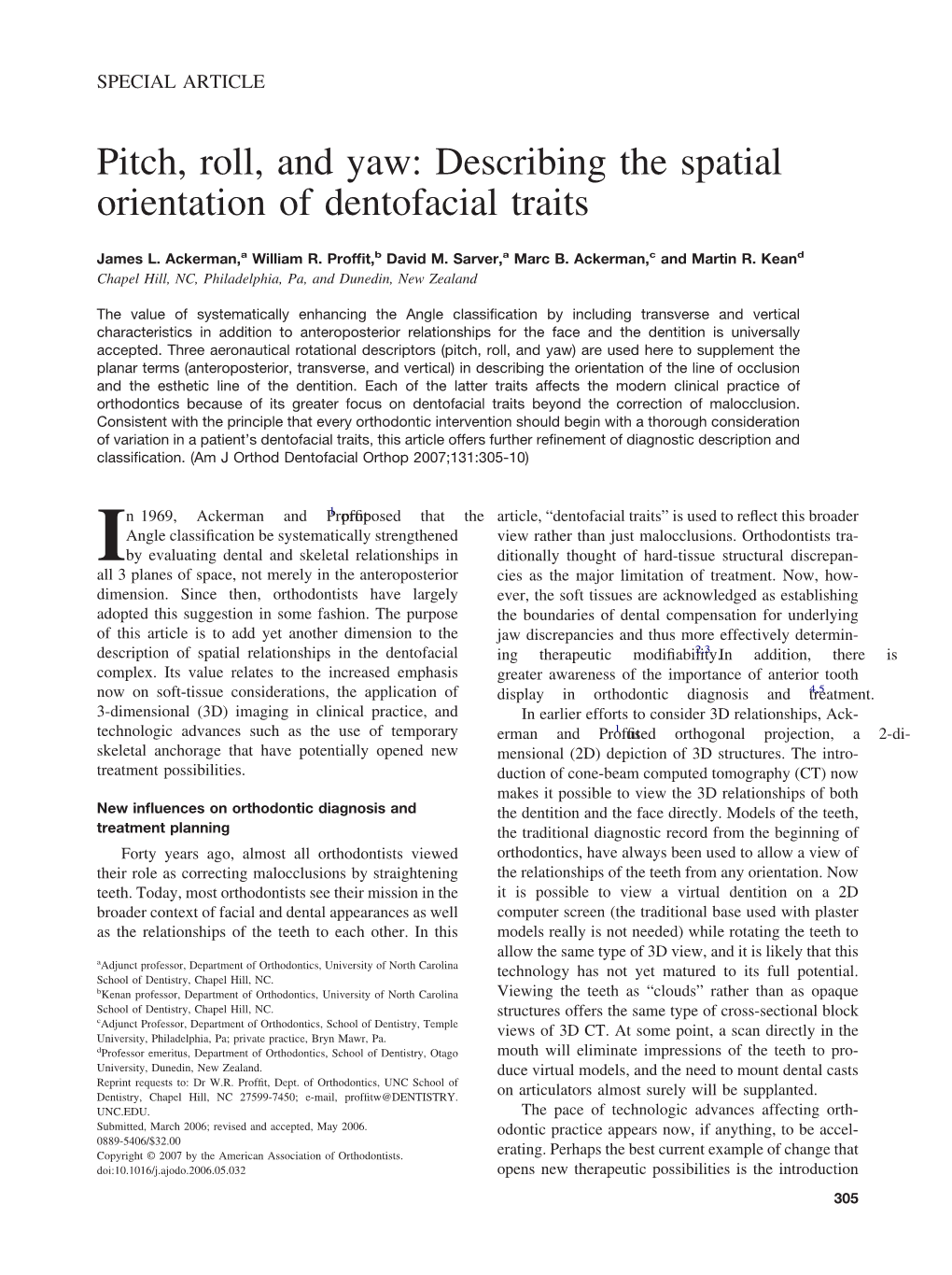 Pitch, Roll, and Yaw: Describing the Spatial Orientation of Dentofacial Traits