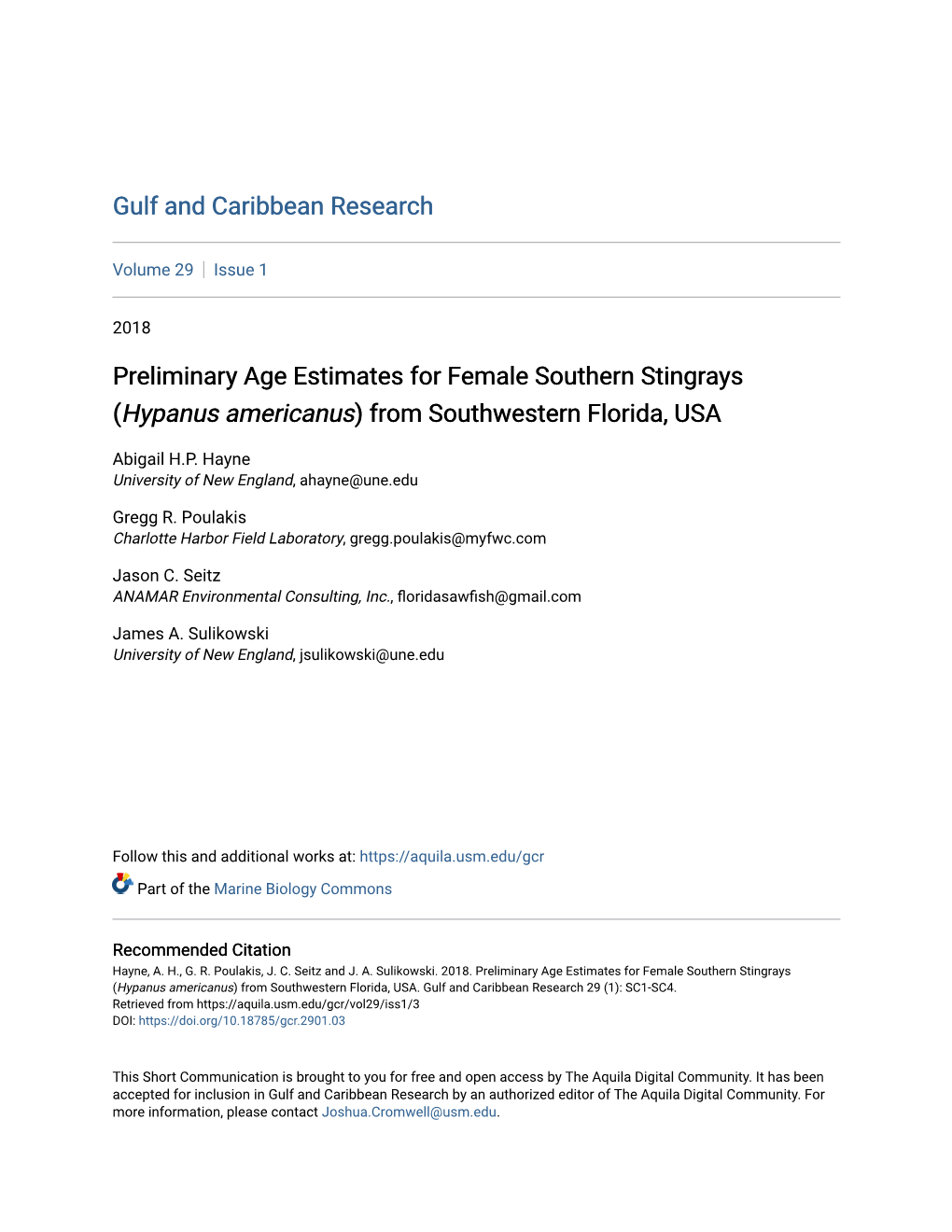 Preliminary Age Estimates for Female Southern Stingrays (Hypanus Americanus) from Southwestern Florida, USA