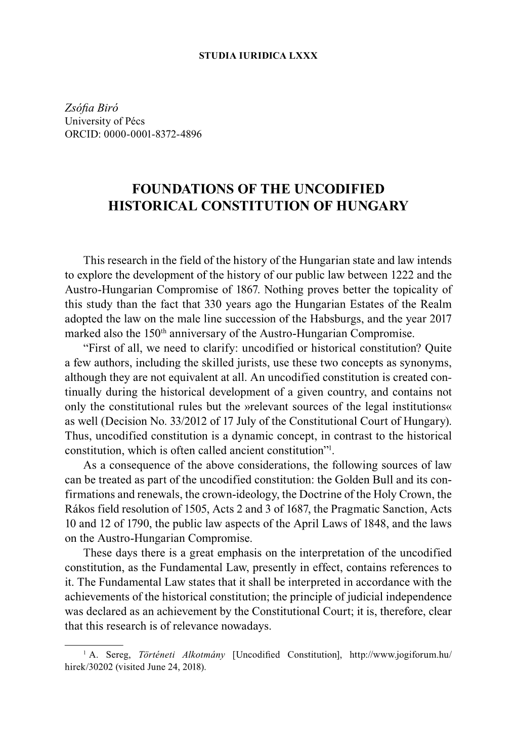 Foundations of the Uncodified Historical Constitution of Hungary