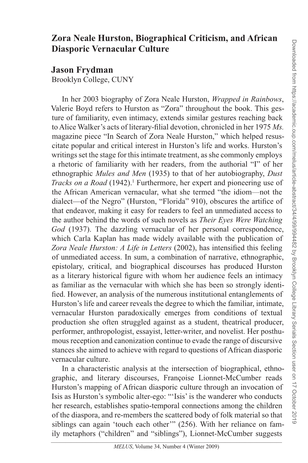 Zora Neale Hurston, Biographical Criticism, and African Diasporic