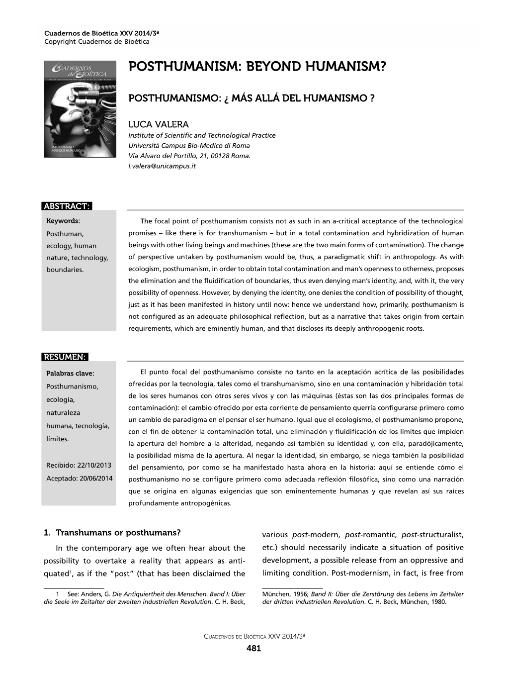 Posthumanism: Beyond Humanism? Copyright Cuadernos De Bioética