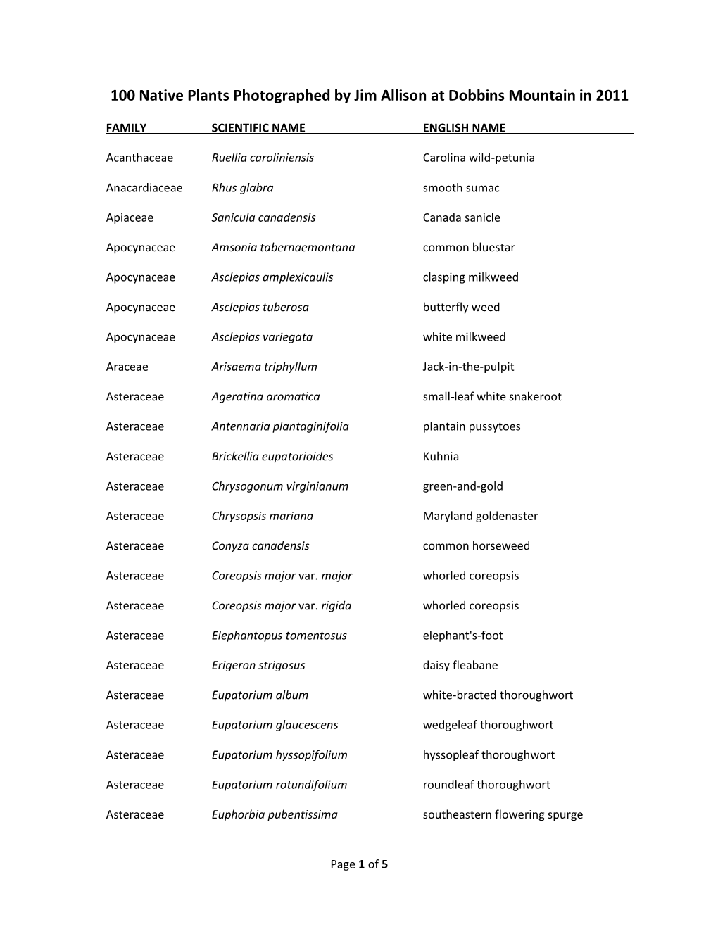 100 Native Plants Photographed by Jim Allison at Dobbins Mountain in 2011