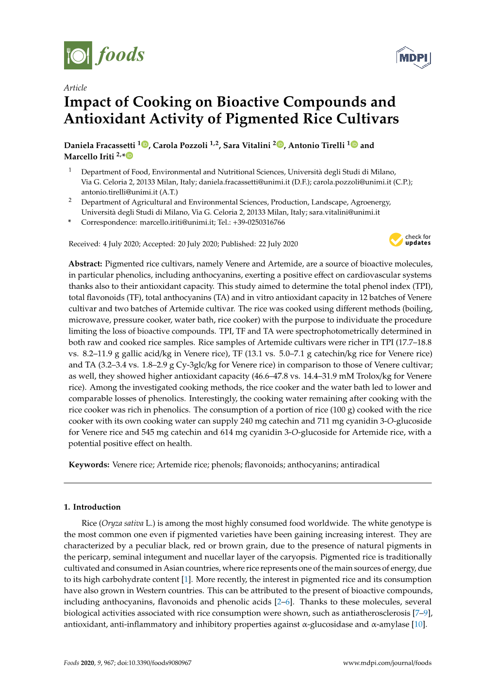 Impact of Cooking on Bioactive Compounds and Antioxidant Activity of Pigmented Rice Cultivars