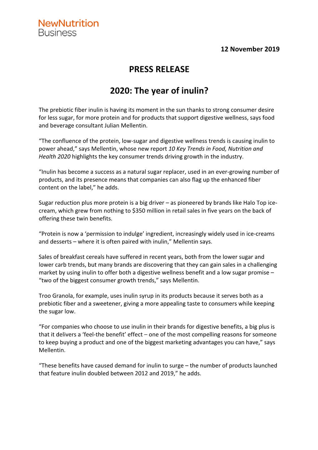 PRESS RELEASE 2020: the Year of Inulin?