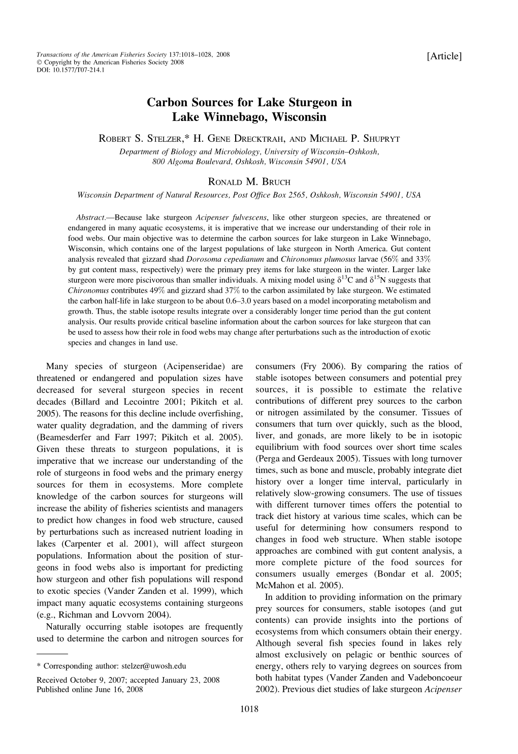 Carbon Sources for Lake Sturgeon in Lake Winnebago, Wisconsin