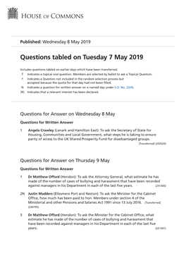 Questions Tabled on Tue 7 May 2019