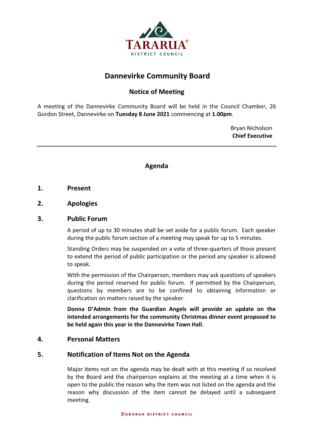 Agenda of Dannevirke Community Board Meeting