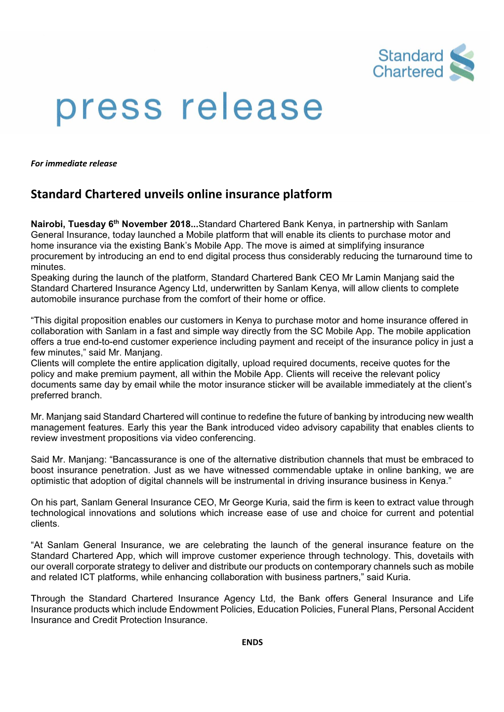 Standard Chartered Unveils Online Insurance Platform
