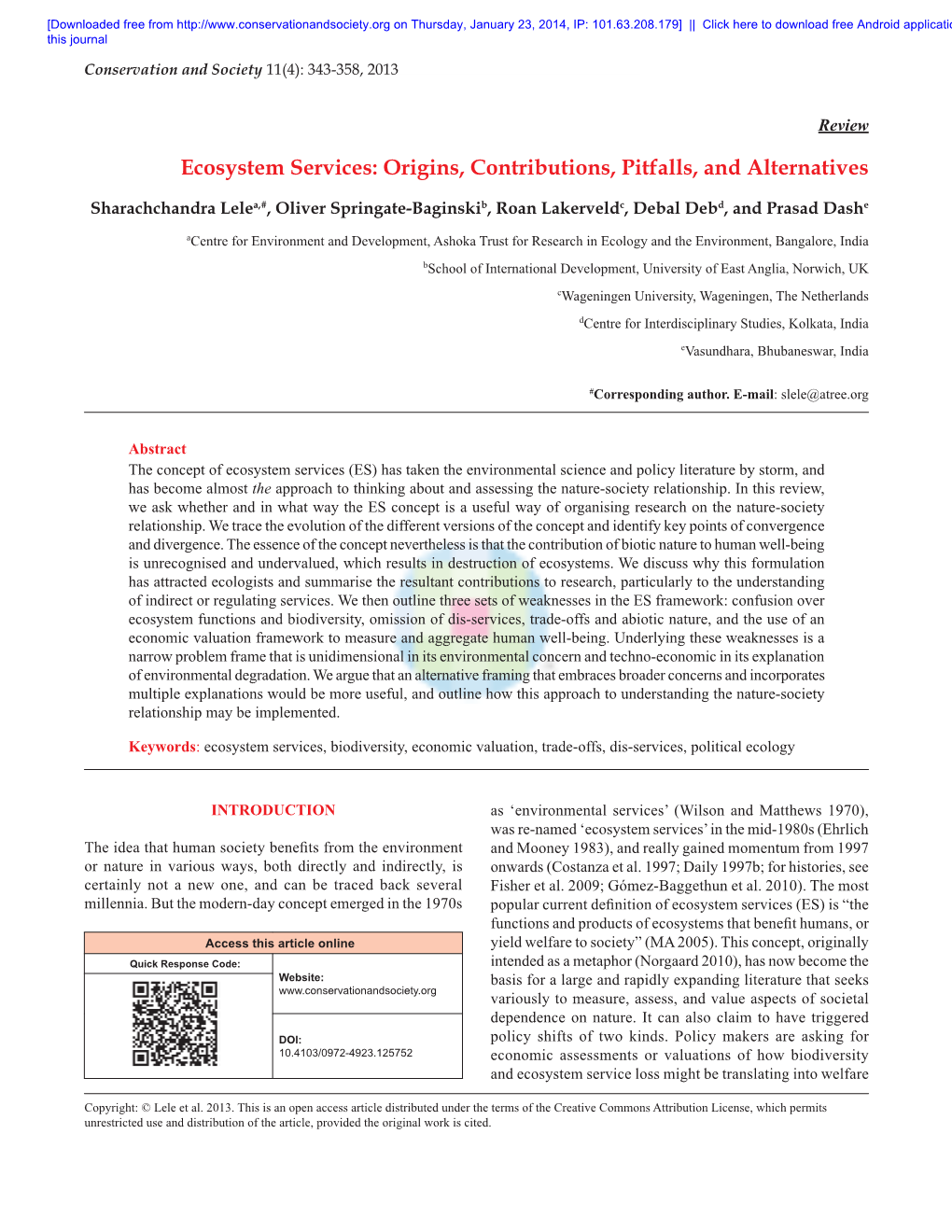 Ecosystem Services: Origins, Contributions, Pitfalls, and Alternatives