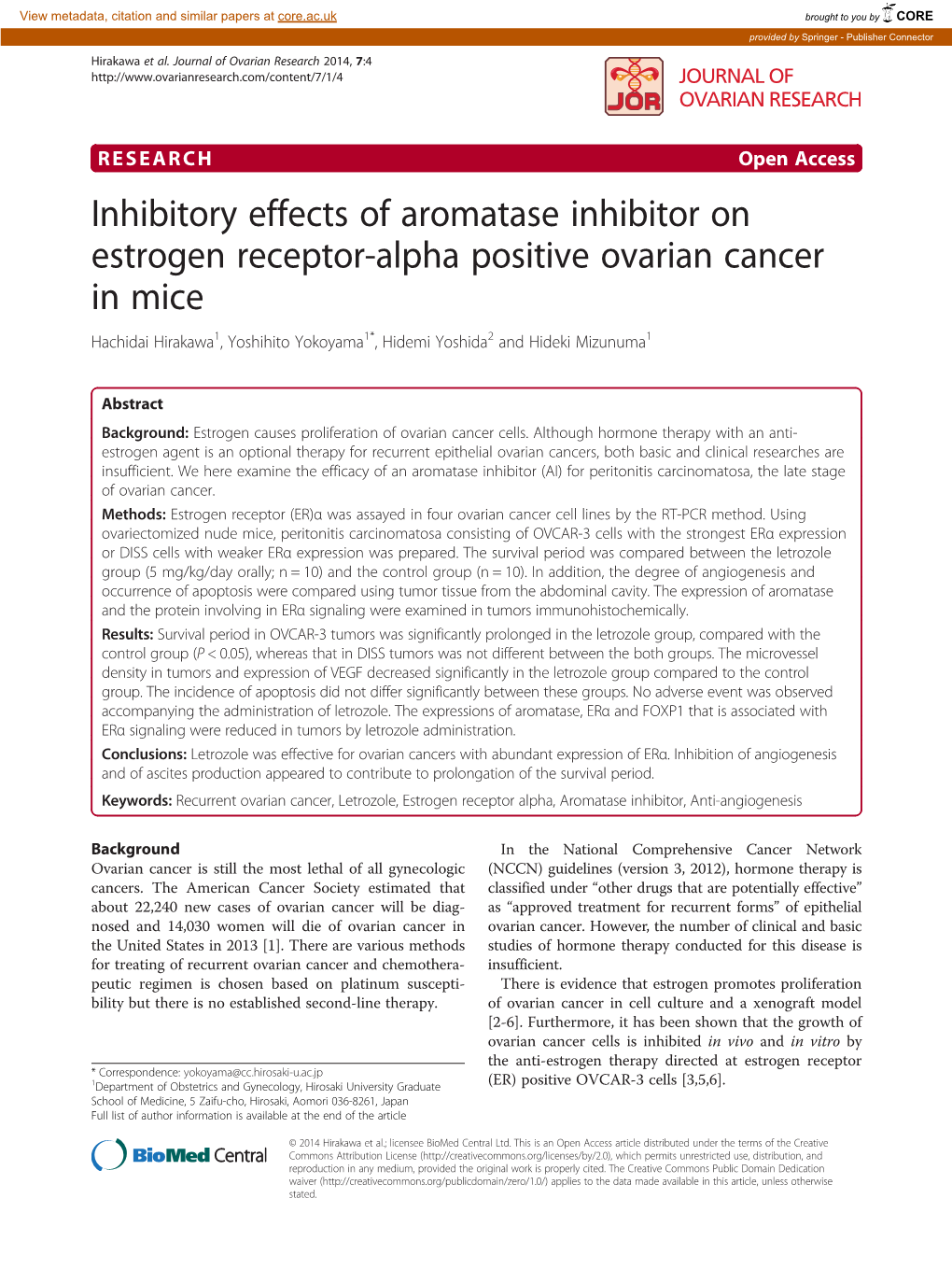 Inhibitory Effects of Aromatase Inhibitor on Estrogen Receptor-Alpha Positive Ovarian Cancer in Mice