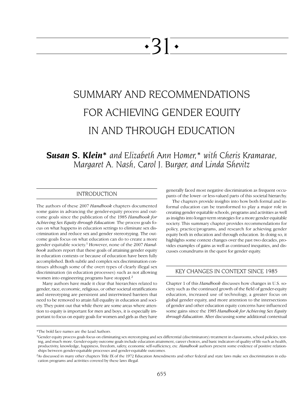 Summary and Recommendations for Achieving Gender Equity in and Through Education