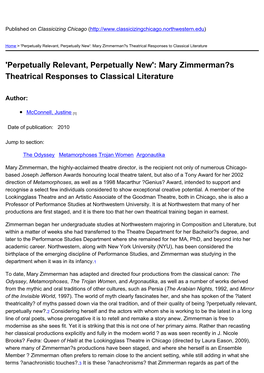 Mary Zimmerman?S Theatrical Responses to Classical Literature
