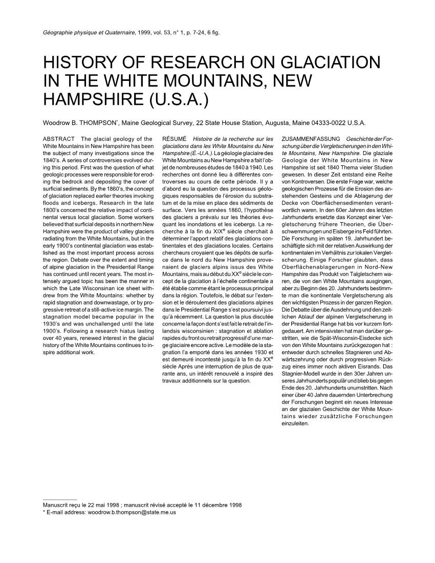 History of Research on Glaciation in the White Mountains, New Hampshire (U.S.A.)
