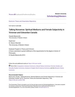 Talking Nonsense: Spiritual Mediums and Female Subjectivity in Victorian and Edwardian Canada