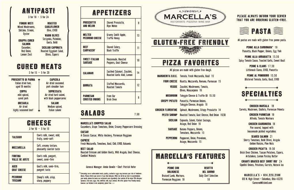Pasta Cheese Marcella's Features Specialties Pizza