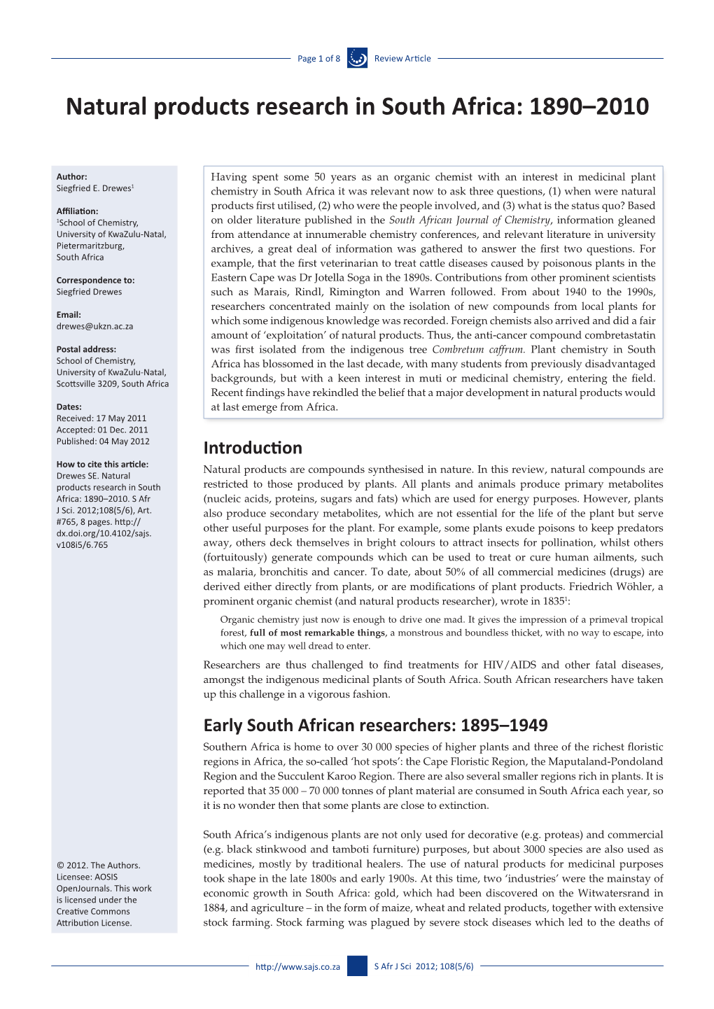 Natural Products Research in South Africa: 1890–2010