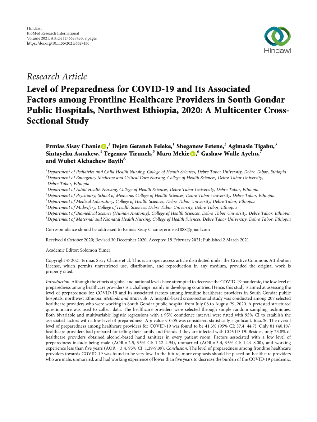 Research Article Level of Preparedness for COVID-19 and Its Associated Factors Among Frontline Healthcare Providers in South