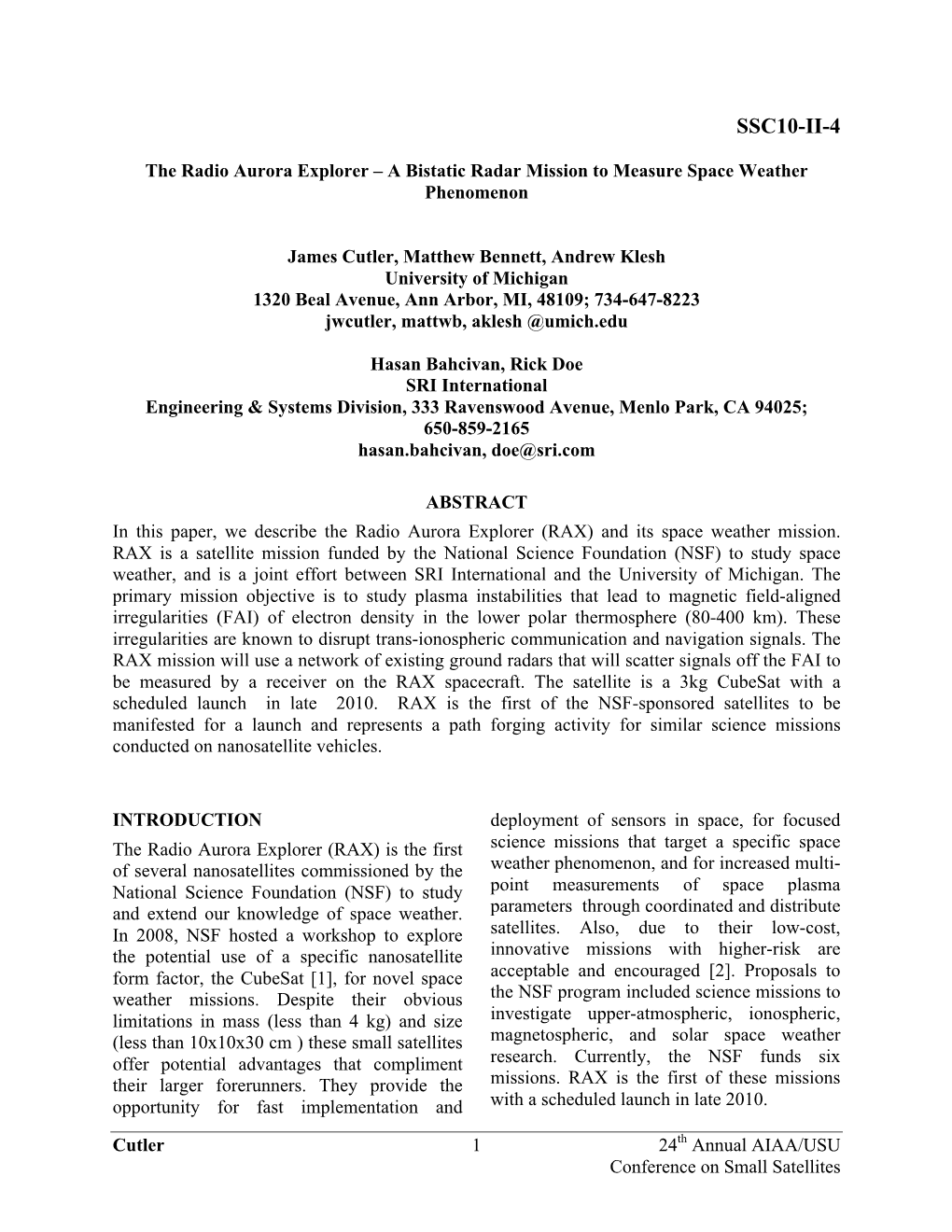 The Radio Aurora Explorer – a Bistatic Radar Mission to Measure Space Weather Phenomenon