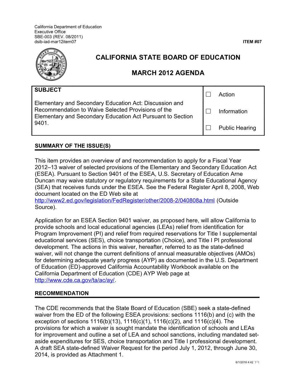 March 2012 Agenda Item 7 - Meeting Agendas (CA State Board of Education)