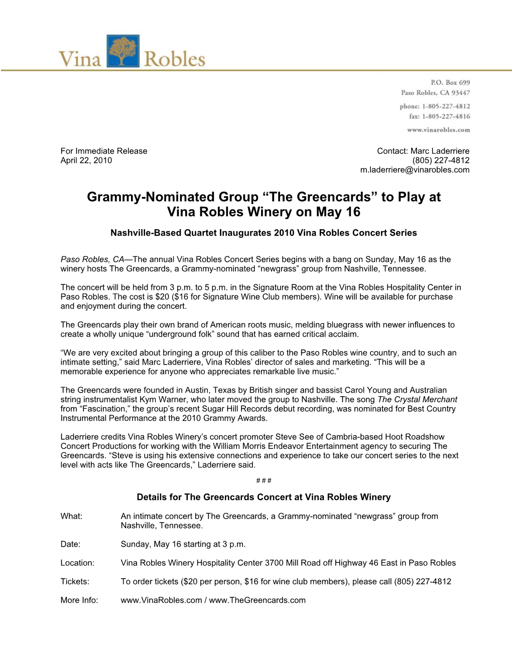Grammy-Nominated Group “The Greencards” to Play at Vina Robles Winery on May 16