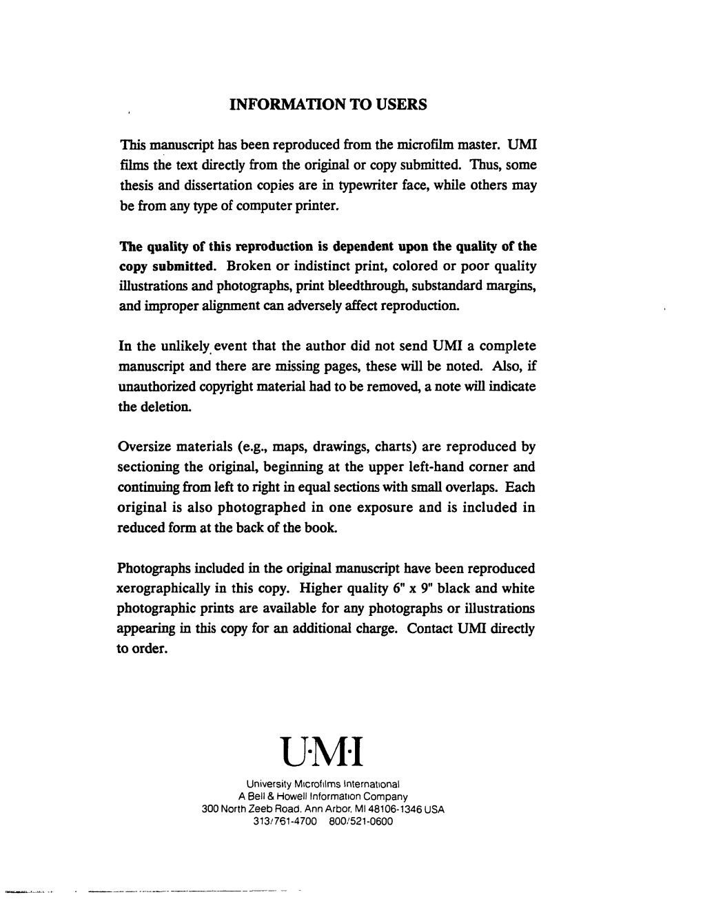 INFORMATION to USERS This Manuscript Has Been Reproduced from the Microfilm Master. UMI Films the Text Directly from the Origina