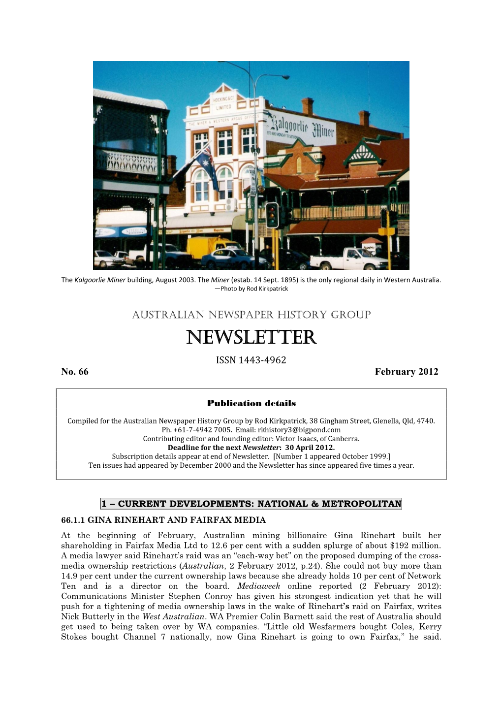 NEWSLETTER ISSN 1443-4962 No