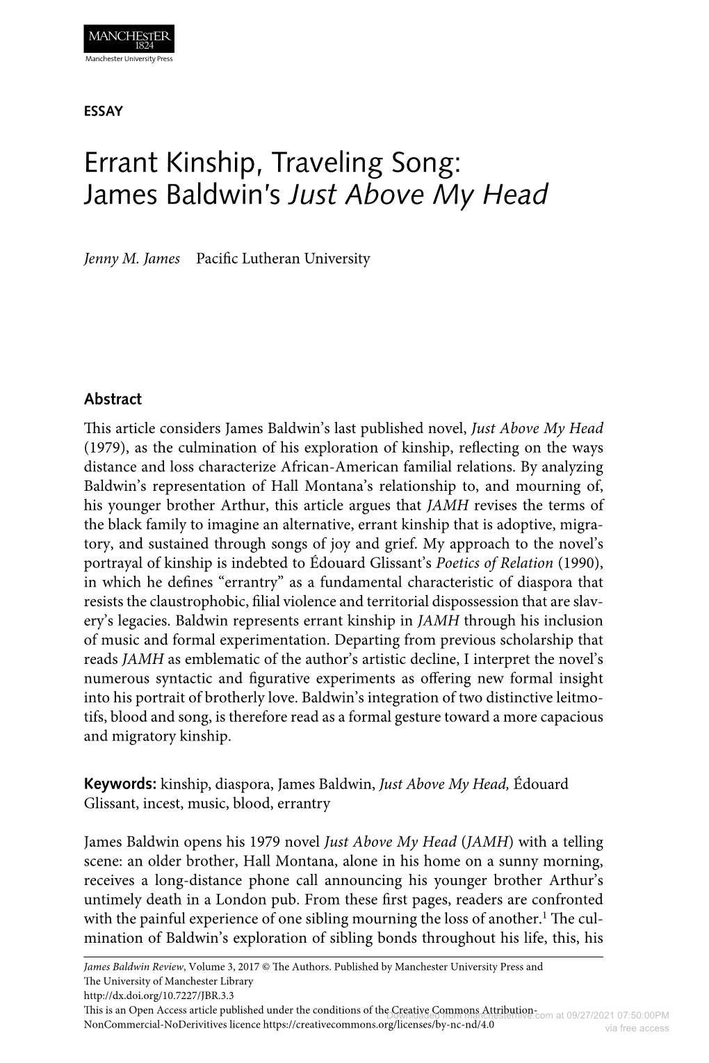 Errant Kinship, Traveling Song: James Baldwin's Just Above My Head