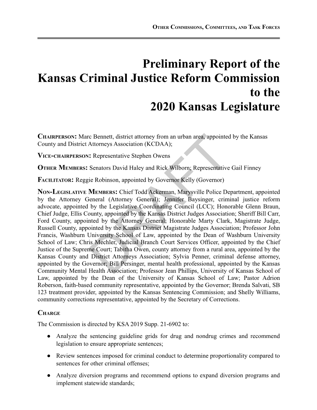 Preliminary Report of the Kansas Criminal Justice Reform Commission to the 2020 Kansas Legislature