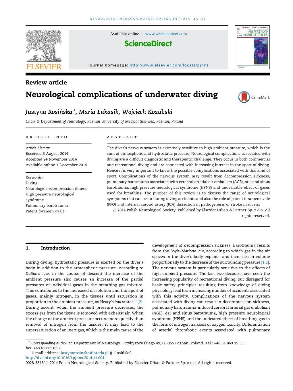 Neurological Complications of Underwater Diving