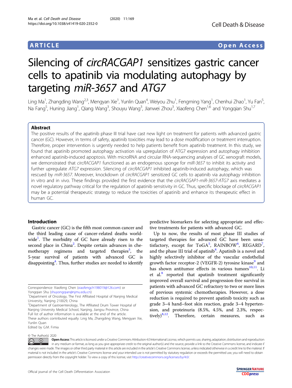 Silencing of Circracgap1 Sensitizes Gastric Cancer Cells to Apatinib Via