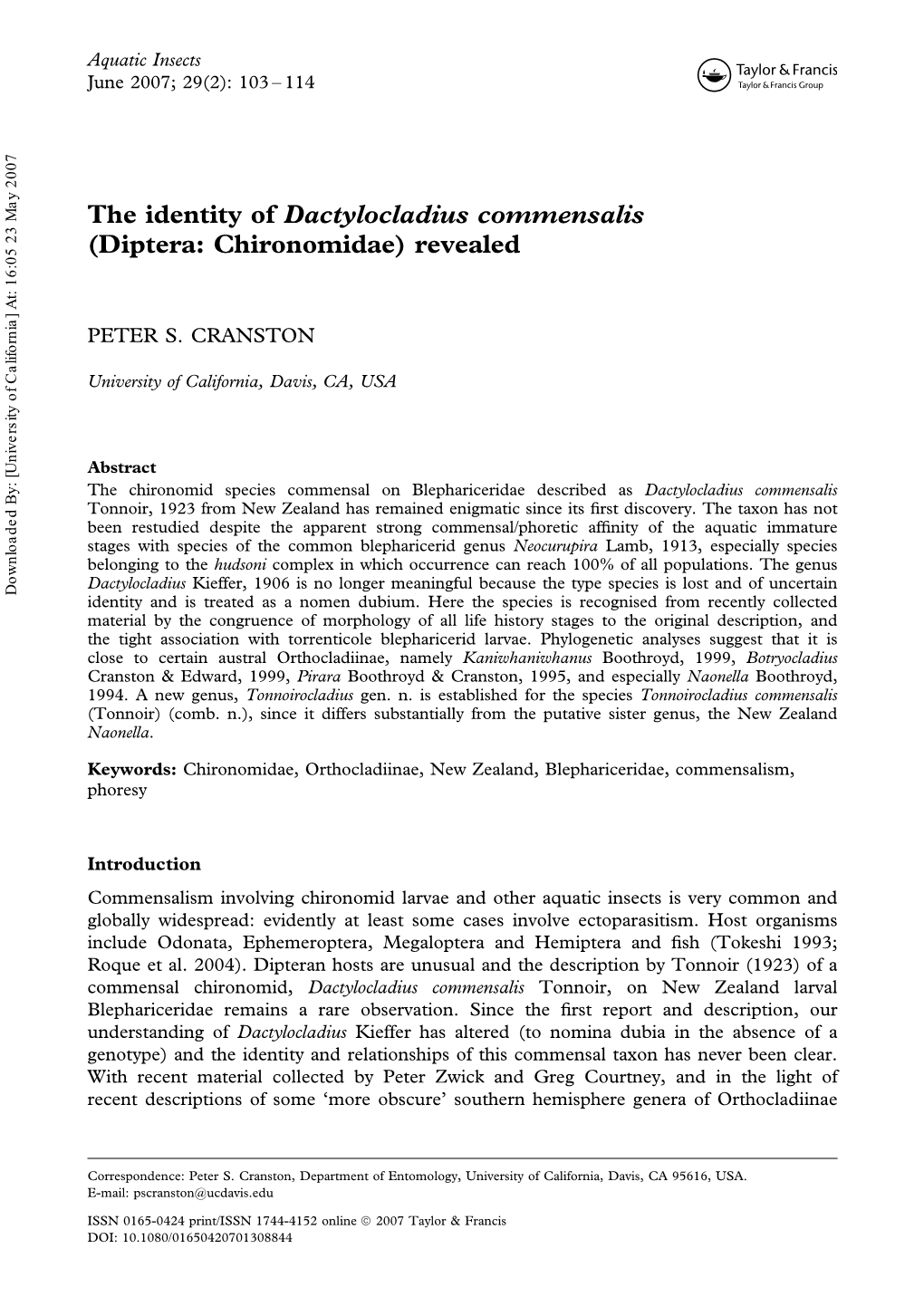 The Identity of Dactylocladius Commensalis (Diptera