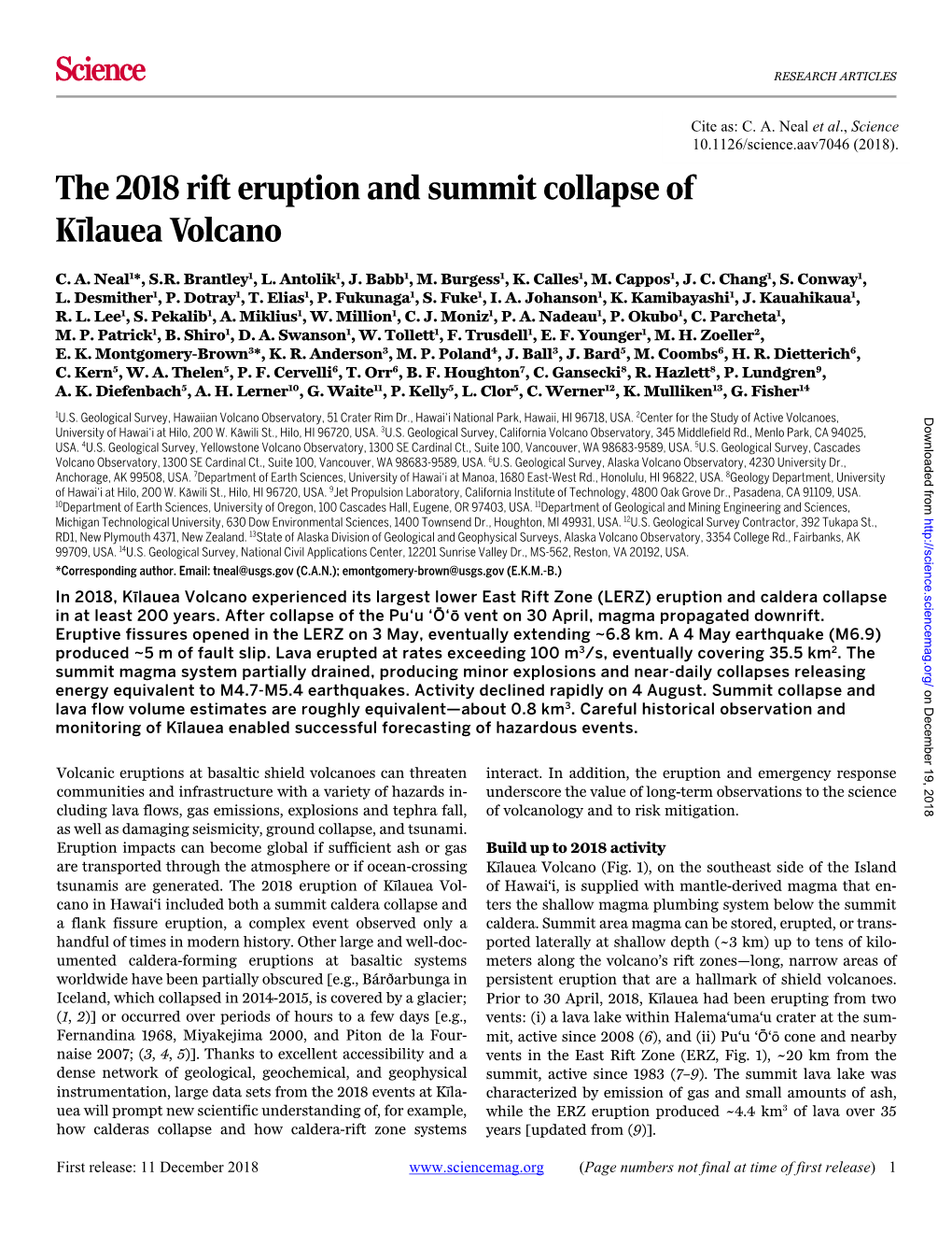 The 2018 Rift Eruption and Summit Collapse of Kilauea Volcano C