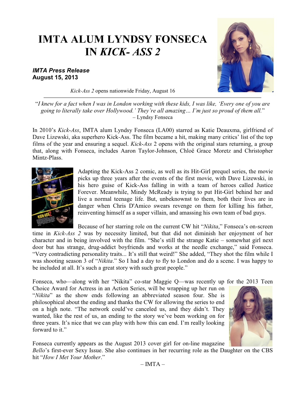 Imta Alum Lyndsy Fonseca in Kick- Ass 2