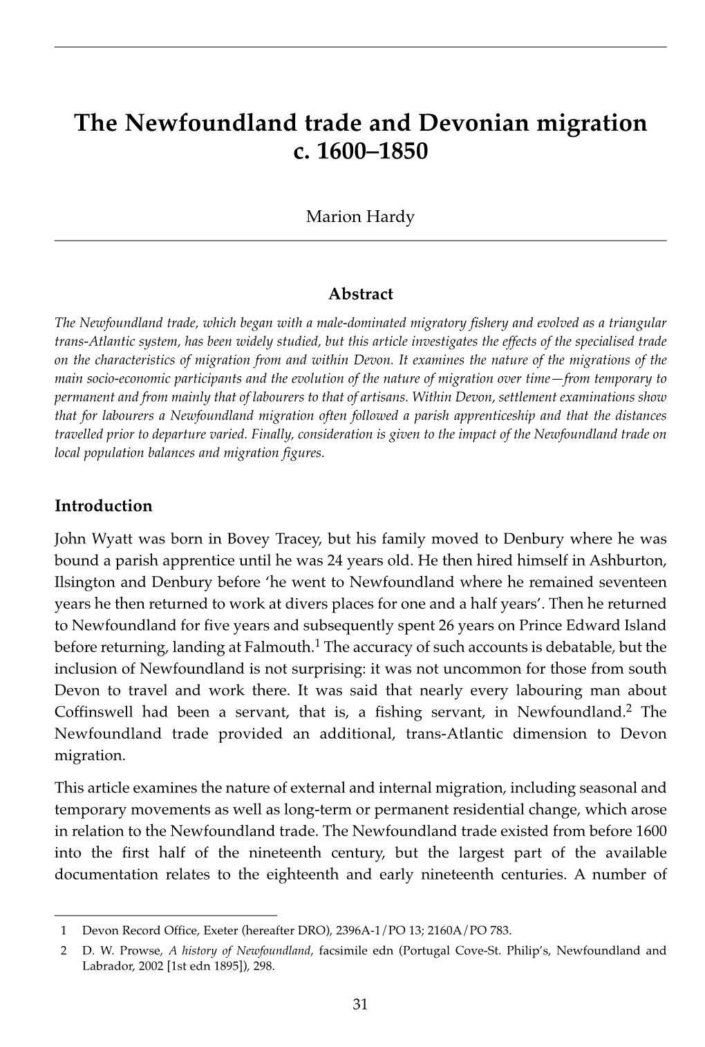 The Newfoundland Trade and Devonian Migration C. 1600ÂŒ1850