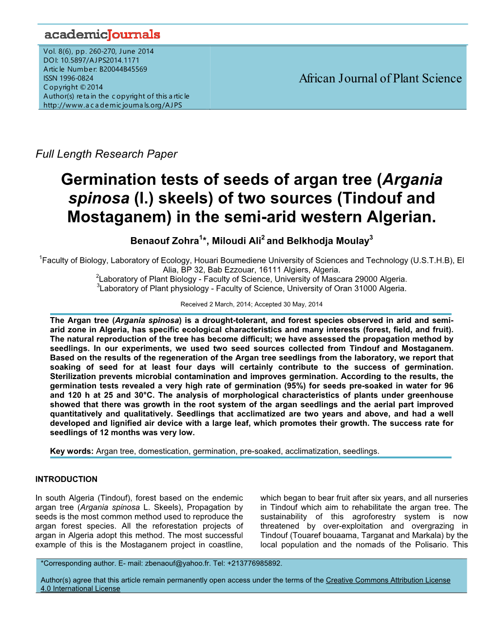 Germination Tests of Seeds of Argan Tree (Argania Spinosa (L.) Skeels) of Two Sources (Tindouf and Mostaganem) in the Semi-Arid Western Algerian