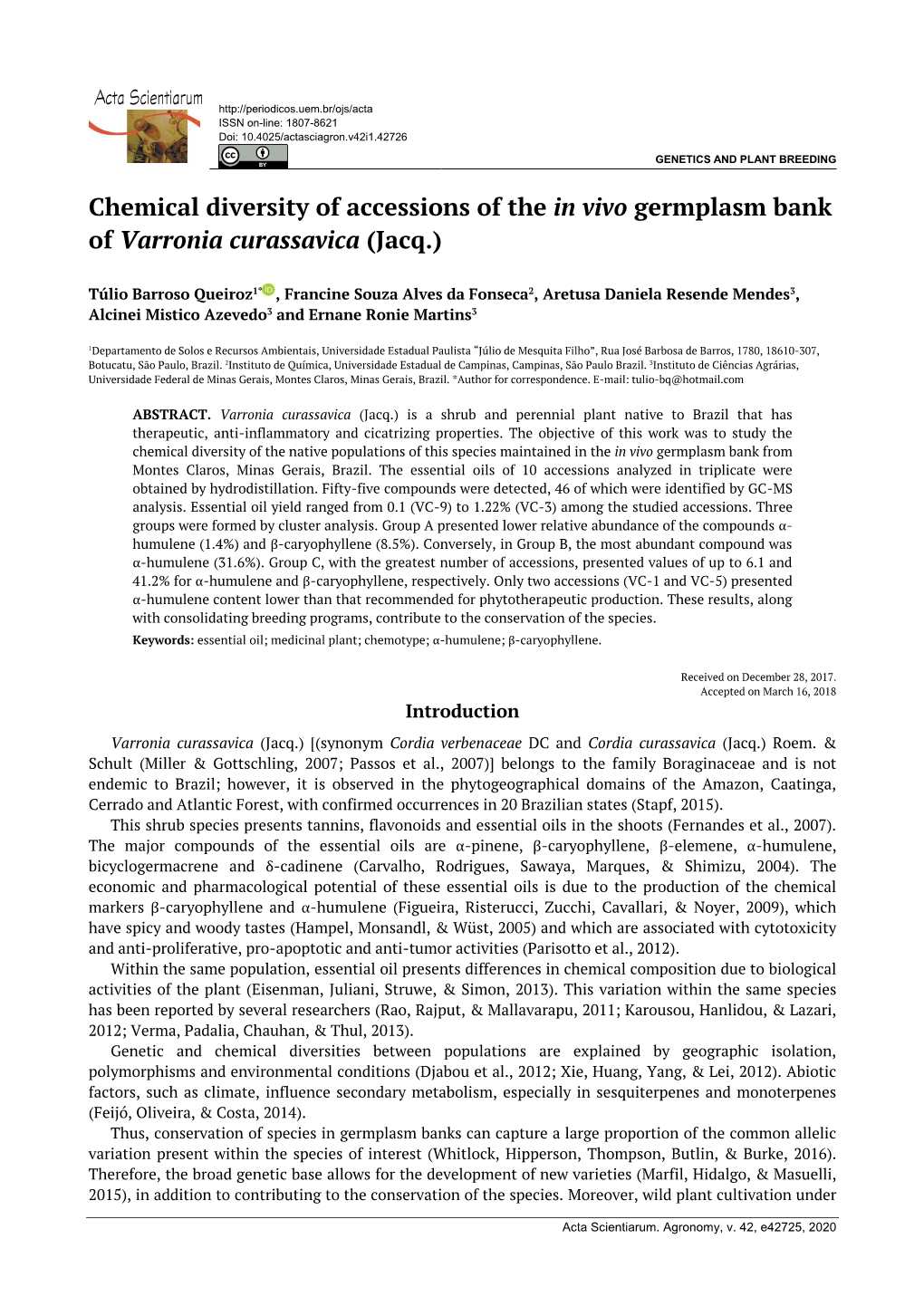 Chemical Diversity of Accessions of the in Vivo Germplasm Bank of Varronia Curassavica (Jacq.)