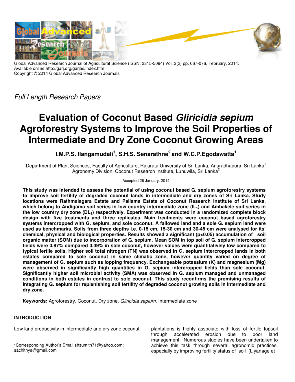 Evaluation of Coconut Based Gliricidia Sepium Agroforestry Systems to Improve the Soil Properties of Intermediate and Dry Zone Coconut Growing Areas