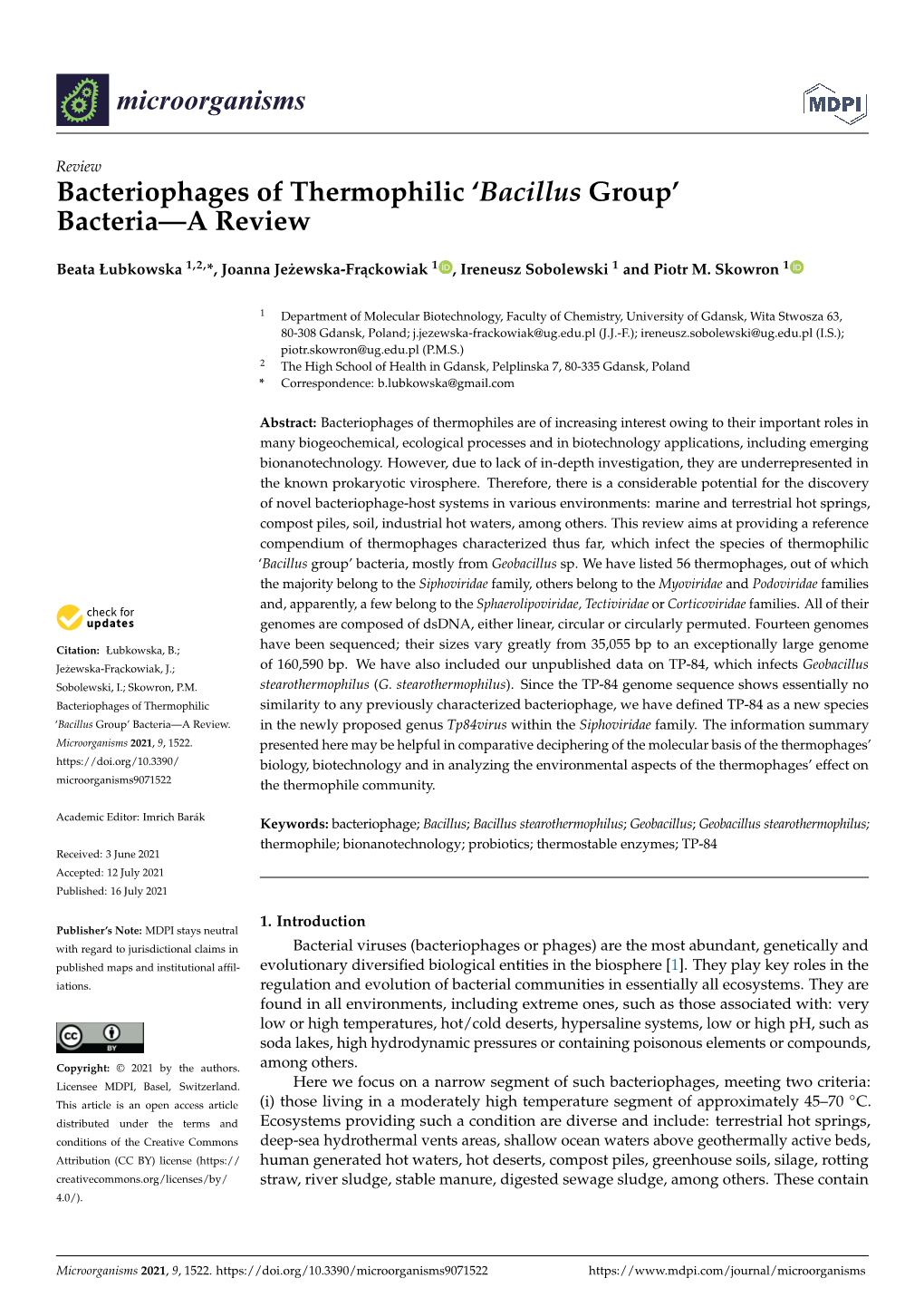 Bacteriophages of Thermophilic 'Bacillus Group' Bacteria—A Review